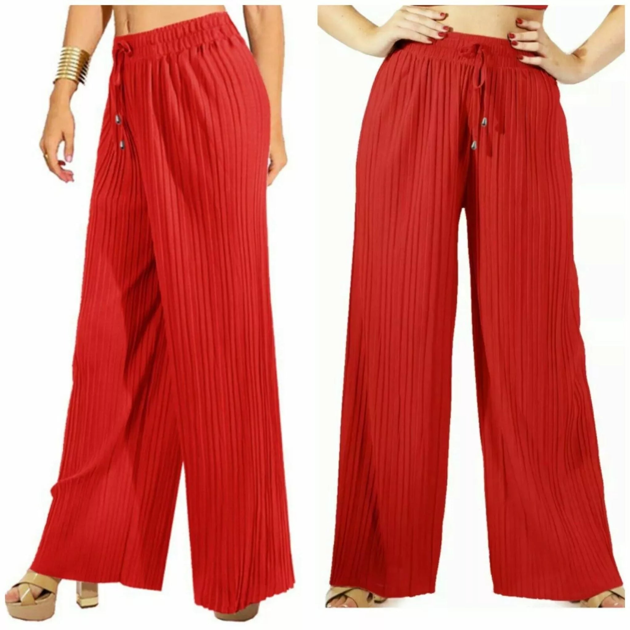Women's wine red pleated wide leg trousers with elastic waist and drawstring, lightweight summer palazzo pants